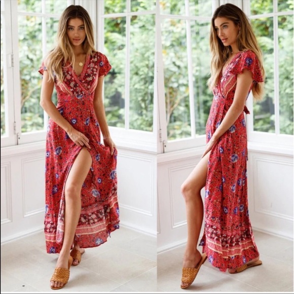 Boho Floral Gypsy Print Maxi Wrap Dress red - Picture 13 of 14
